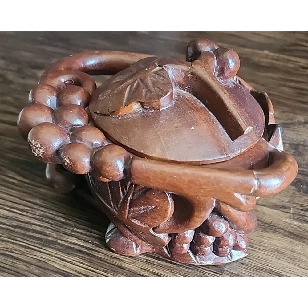 Vintage Trinket Hand Carved Wooden  Bowl Fruit Grapes  Leaves Dark Wood